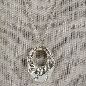 KR Silver Tone Clear Crystal Oval Pendant Necklace 20" Lobster Clasp